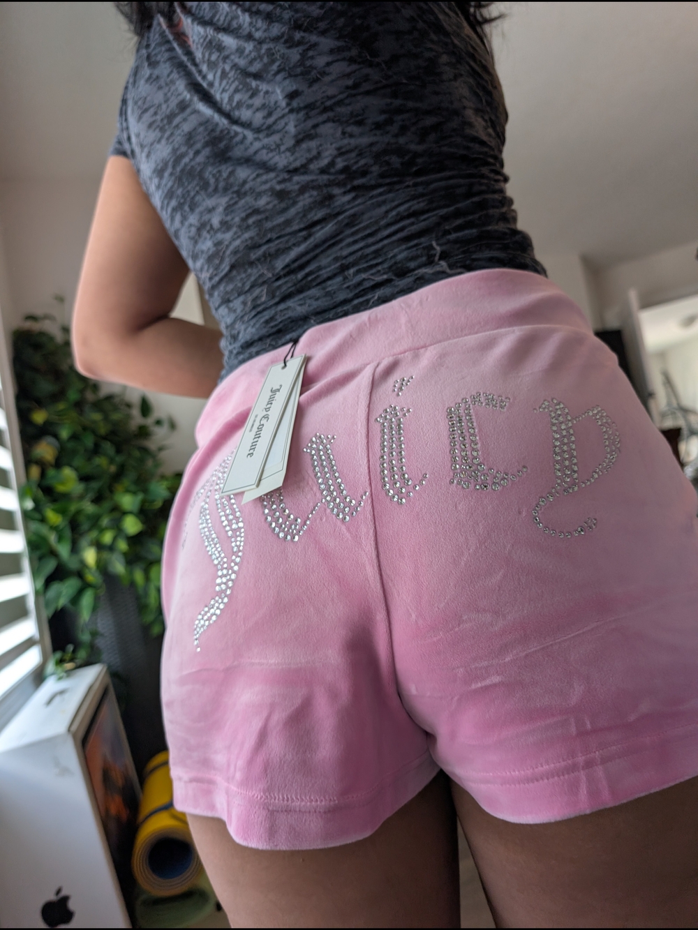 Juicy Couture Pink Crystal Logo Velour High Waist Shorts